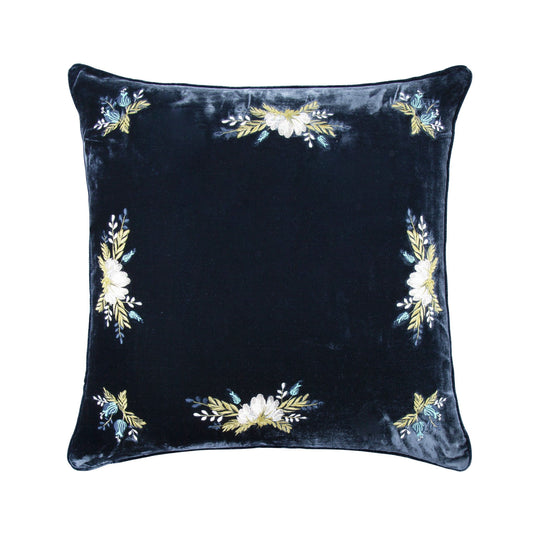 Stella - Western Floral Embroidered Faux Silk Velvet Pillow - Midnight Blue