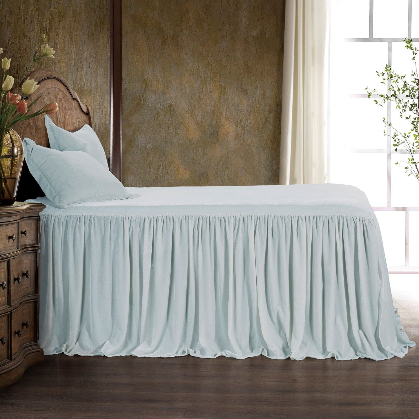 Stella - Queen Faux Silk Velvet Bedspread Set (Set of 3) - Icy Blue