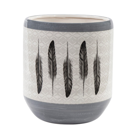Tossed Feather - Feather Design Ceramic Wastebasket - Cream / Gray