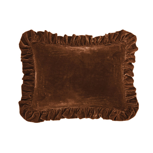 Stella - Faux Silk Velvet Ruffled Oblong Pillow - Copper Brown
