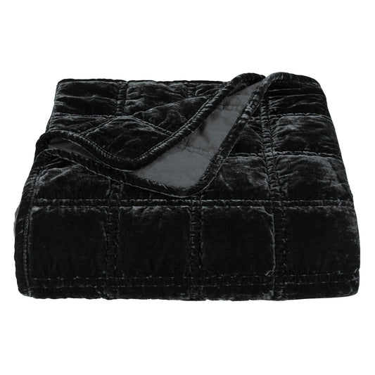 Stella - Faux Silk Velvet Double Box Stitch Throw - Black