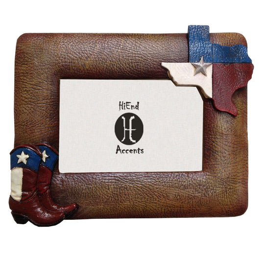 Texas Themed - 4" x 6" Texas Flag & Boots Picture Frame - Brown