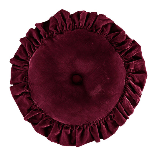 Stella - Faux Silk Velvet Ruffled Round Pillow - Garnet Red