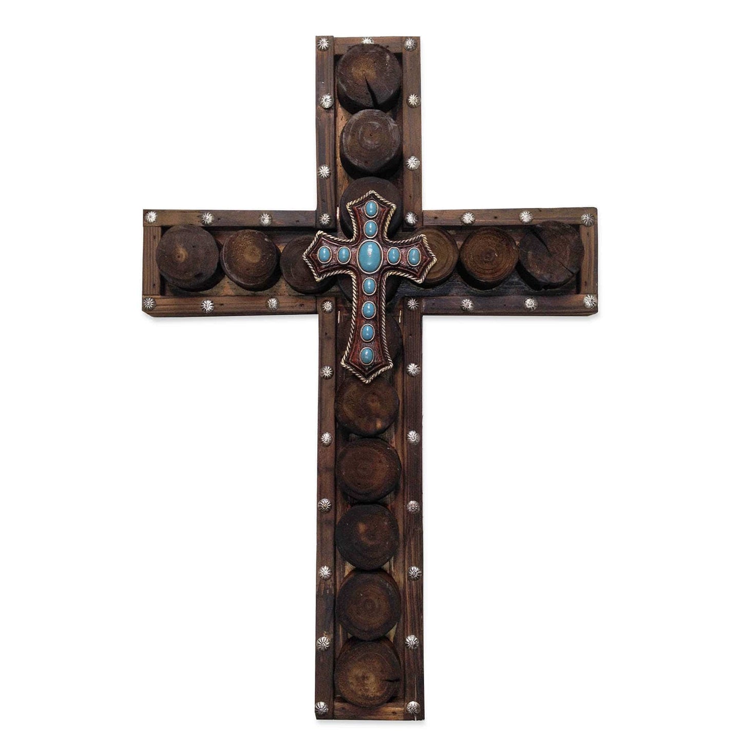 Cross - 20" x 13.5" Studded Wood & Turquoise Cross Wall Décor - Dark Brown