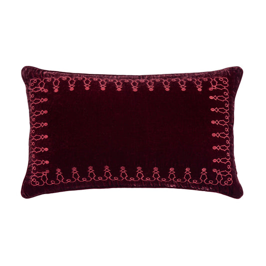 Stella - Faux Silk Velvet Embroidered Lumbar Pillow - Garnet Red