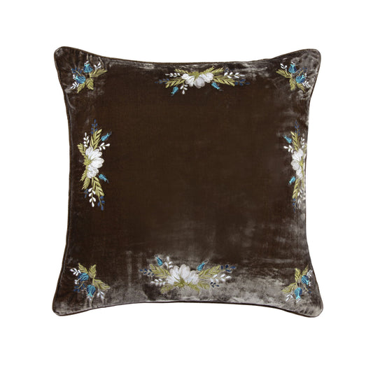 Stella - Western Floral Embroidered Faux Silk Velvet Pillow - Green Ochre