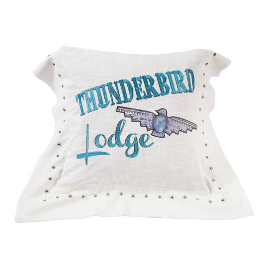 Serape - Embroidered Thunderbird Lodge Linen Pillow - Turquoise