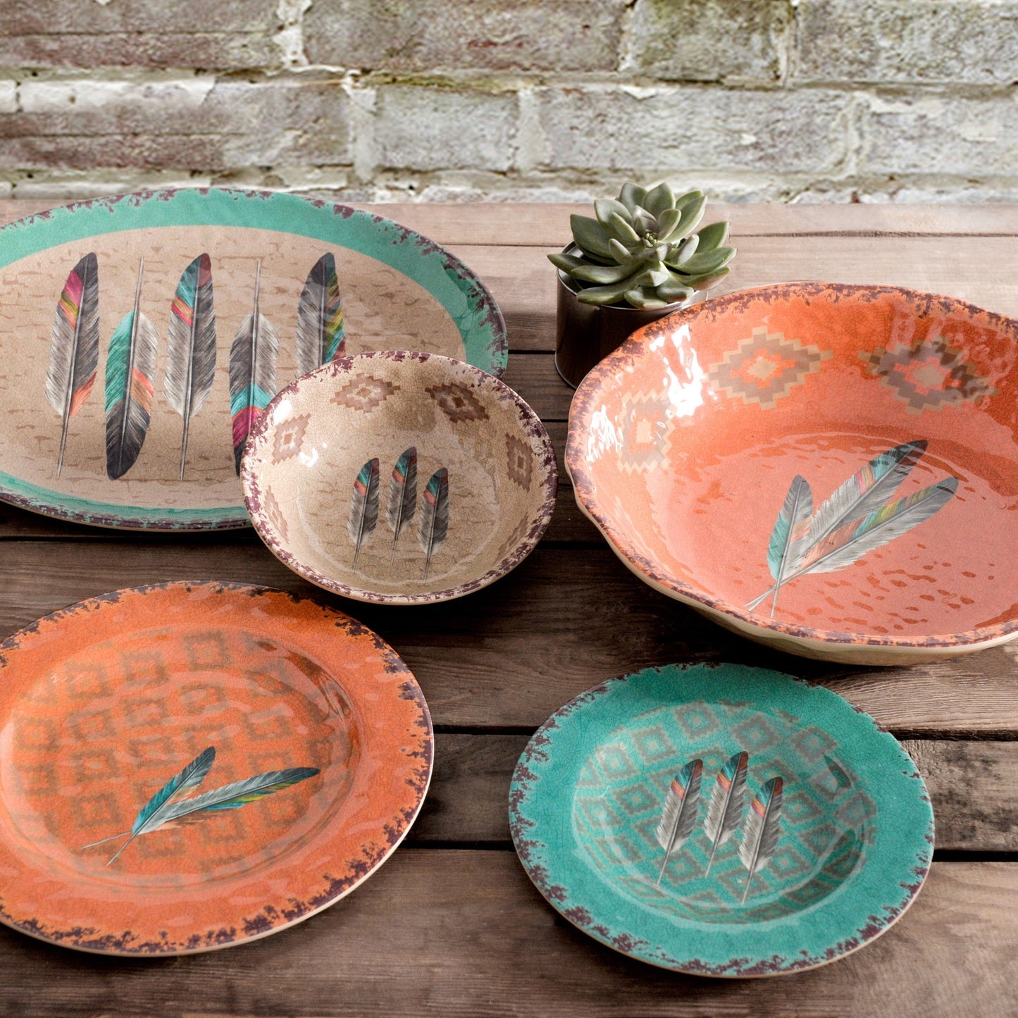 Tossed Feather - Feather Melamine Dinnerware Set (Set of 14) - Orange / Blue