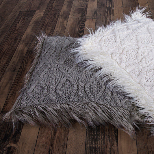 Nordic - Cable Knit & Mongolian Fur Throw Pillow - Gray