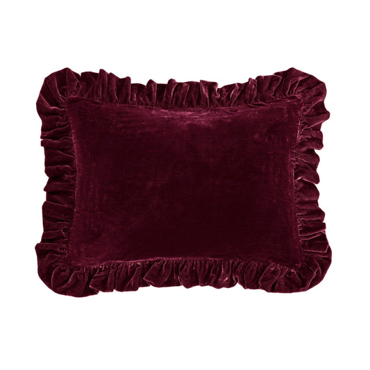 Stella - Faux Silk Velvet Ruffled Oblong Pillow - Garnet Red