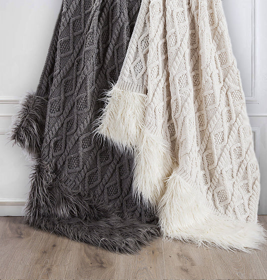 Nordic - Cable Knit & Mongolian Fur Oversized Throw Blanket - Gray