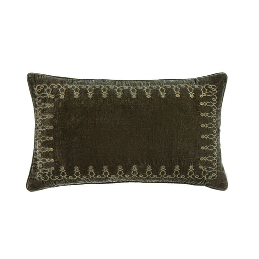 Stella - Faux Silk Velvet Embroidered Lumbar Pillow - Fern Green