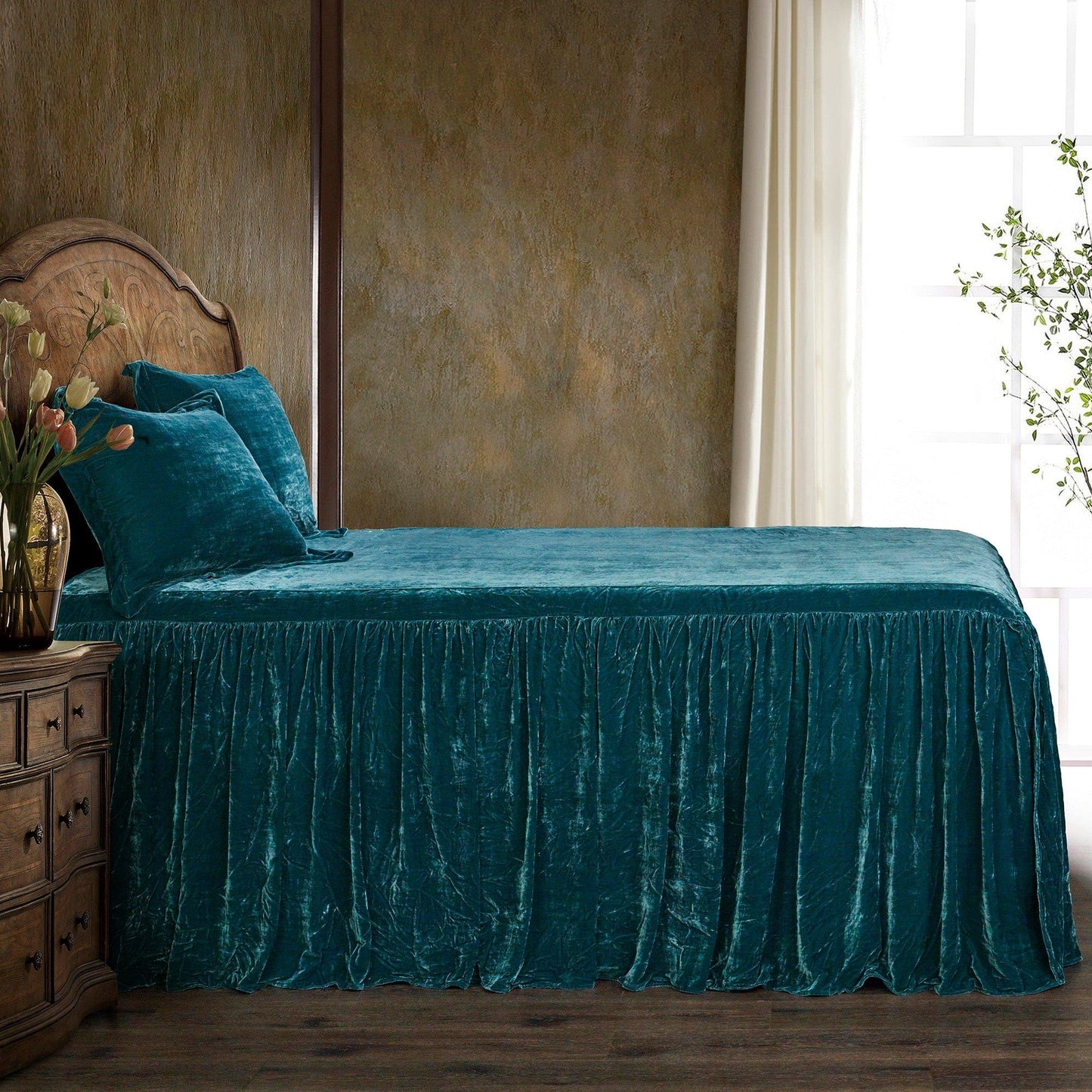 Stella - Twin Faux Silk Velvet Bedspread Set (Set of 2) - Teal