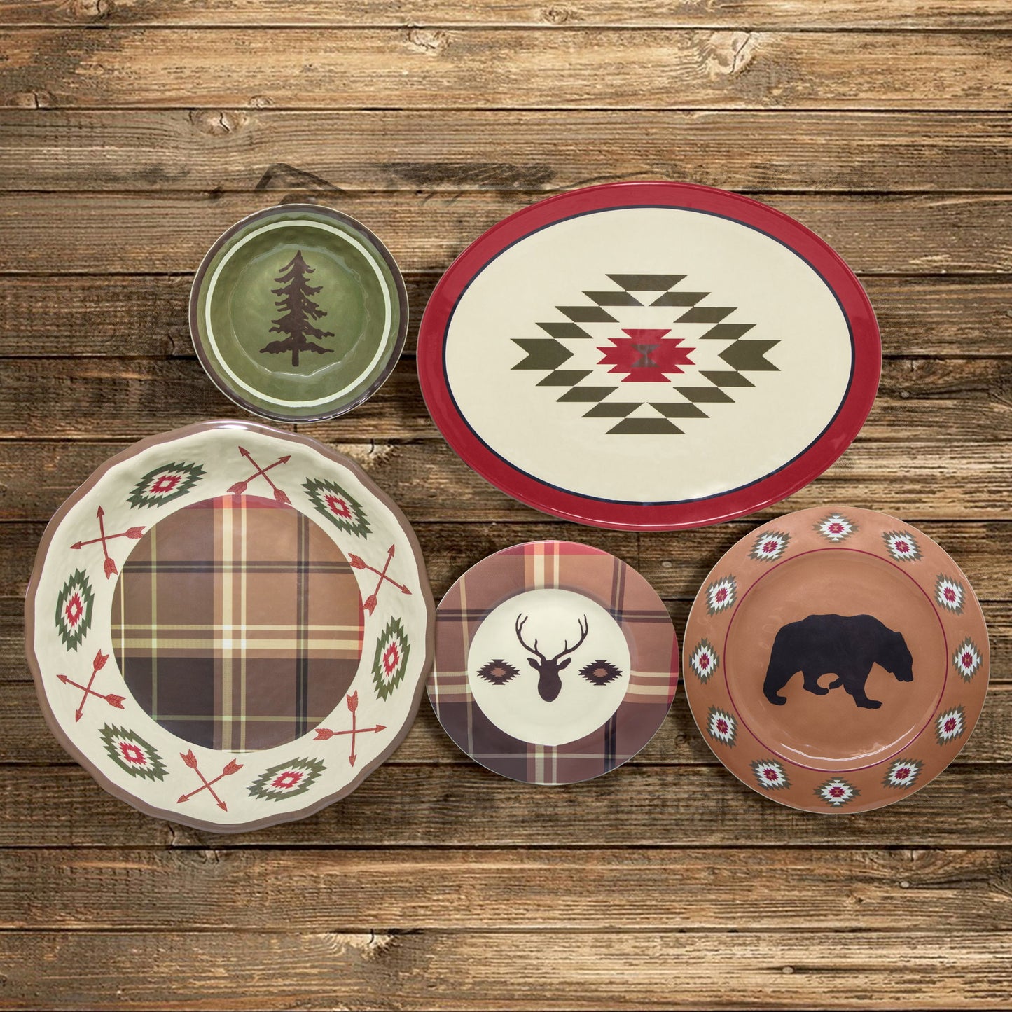 Aztec Bear - Melamine Dinnerware Set (Set of 14) - Brown / Red