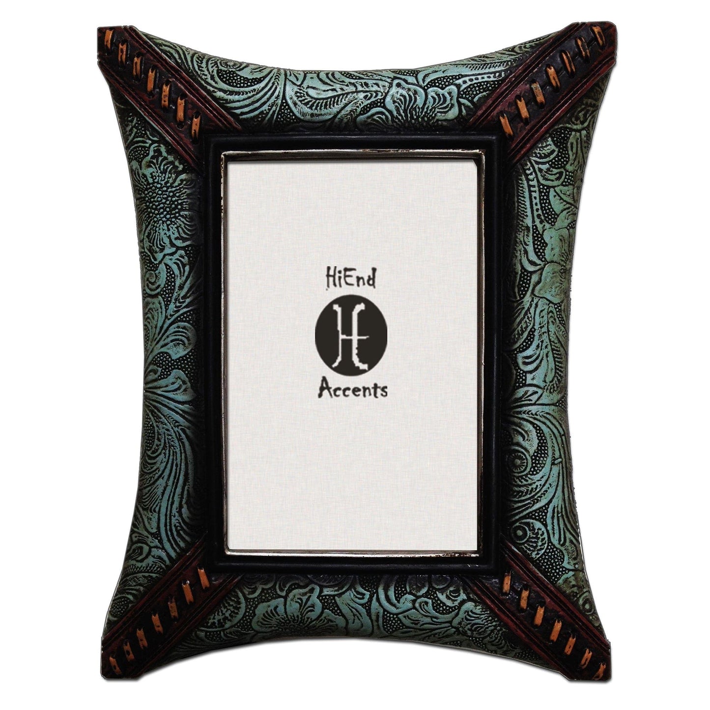 Picture Frame - 4" x 6" Tooled Leather With Corner Lacing - Green