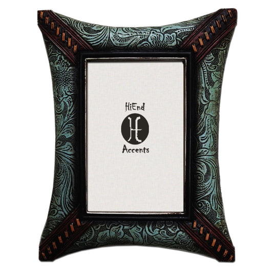Picture Frame - 4" x 6" Tooled Leather With Corner Lacing - Green