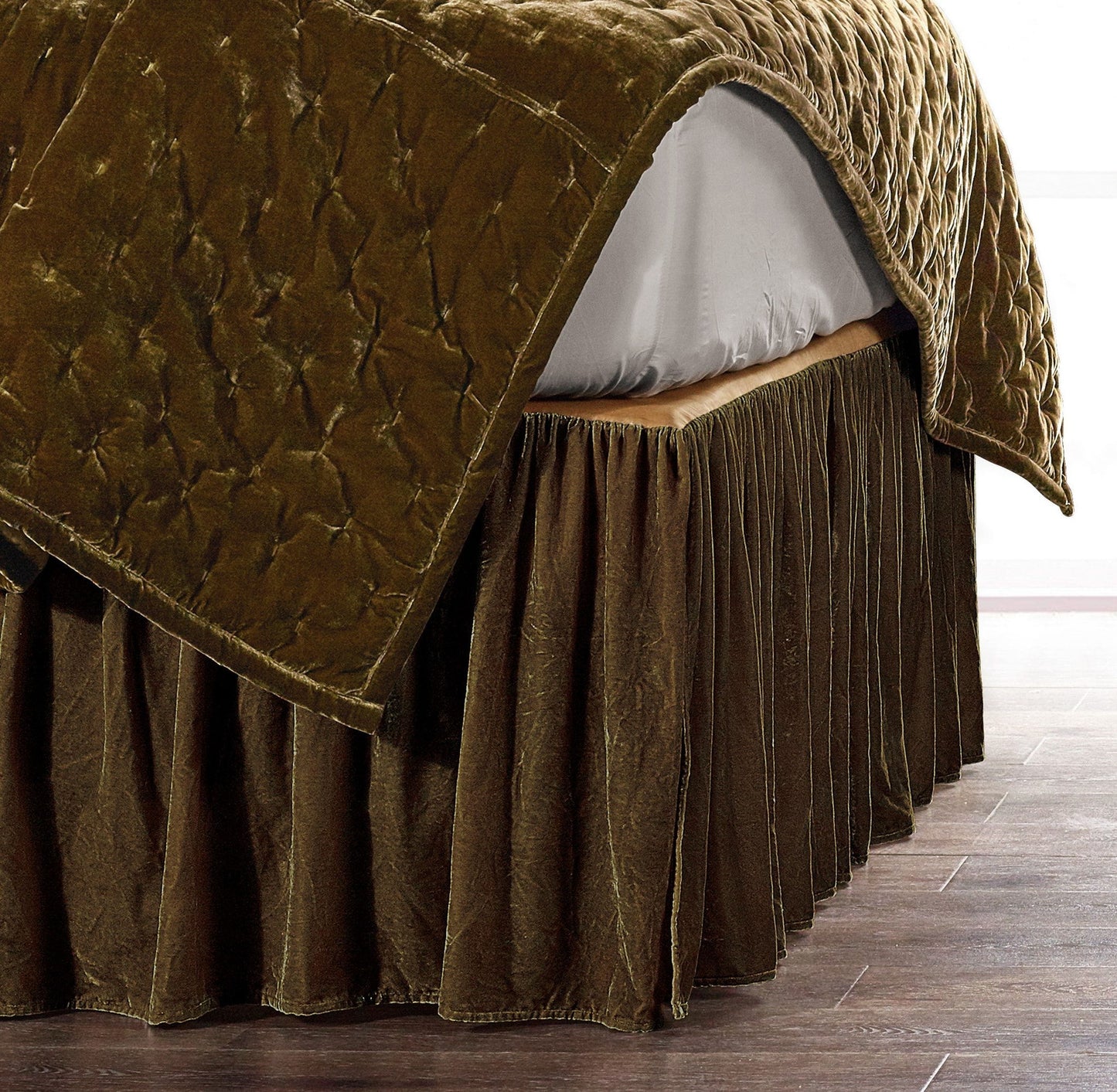 Stella - King Faux Silk Velvet Bed Skirt - Green Ochre