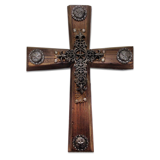 Cross - 11.25" x 15.5" Wooden Cross Wall Décor With Star & Concho Overlay - Brown