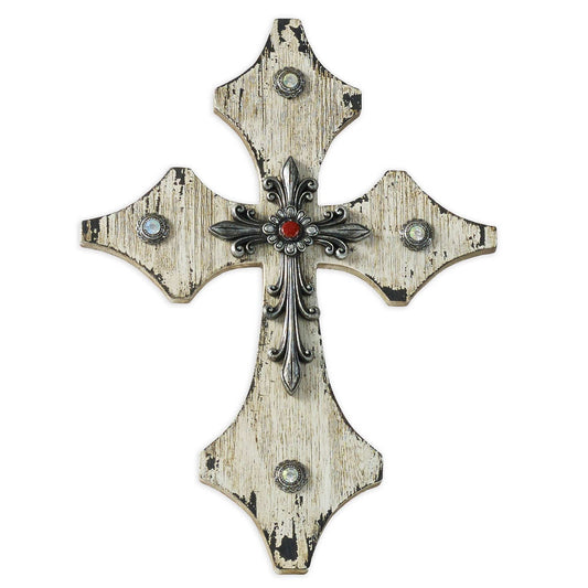Cross - 15" x 11" Distressed Wooden Cross Wall Décor With Silver Accent - Cream