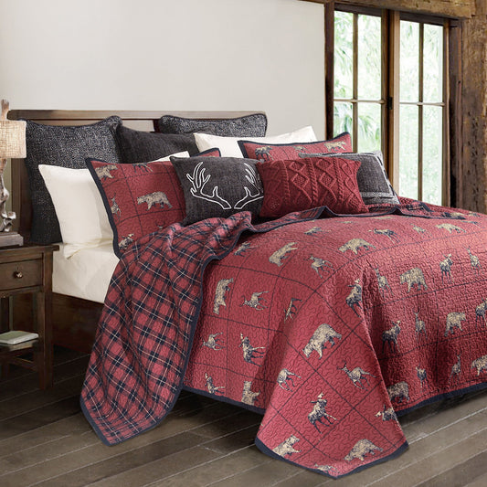 Woodland Plaid - Full/Queen Reversible Quilt Set (Set of 3) - Red / Navy