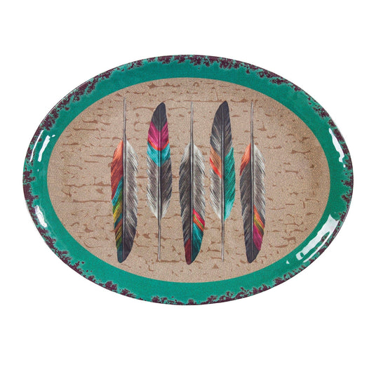 Tossed Feather - Feather Design Melamine Serving Platter - Tan / Turquoise