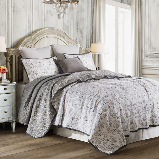 Fleur De Lis - Twin Reversible Quilt Set (Set of 2) - Gray / White