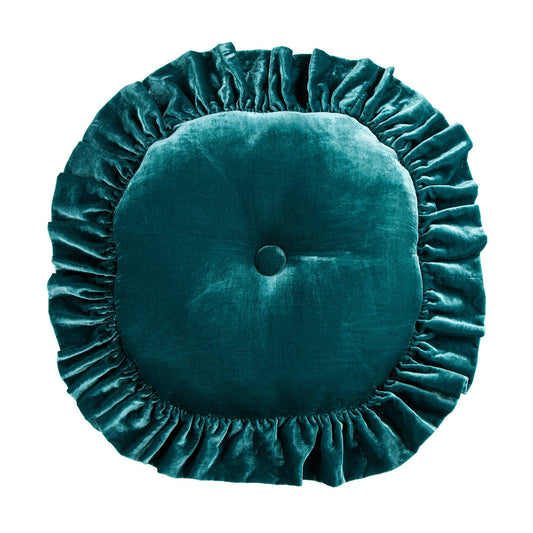 Stella - Faux Silk Velvet Ruffled Round Pillow - Teal