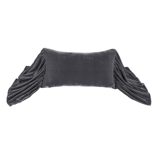 Stella - Faux Silk Velvet Long Ruffled Pillow - Dark Slate