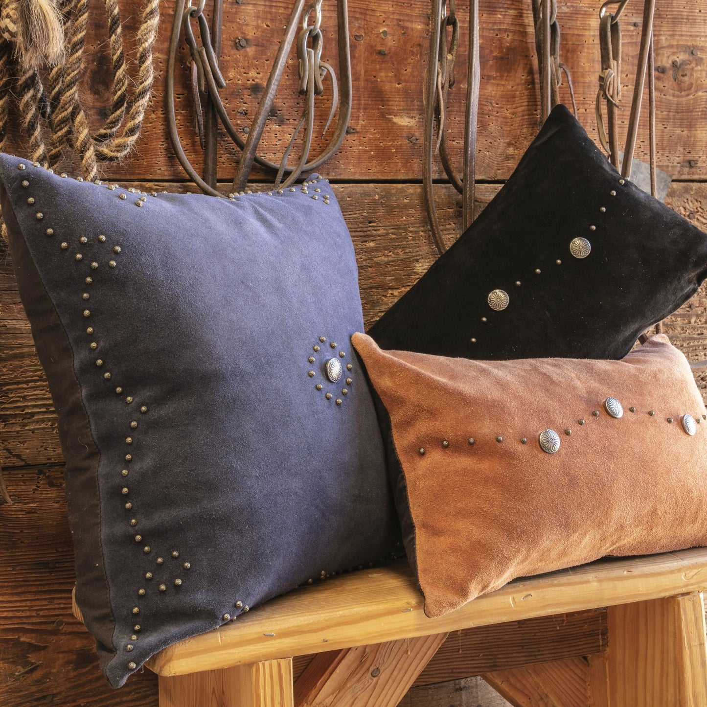 Western Suede Pillow - Western Suede Antique Silver Concho & Studded Pillow - Tobacco