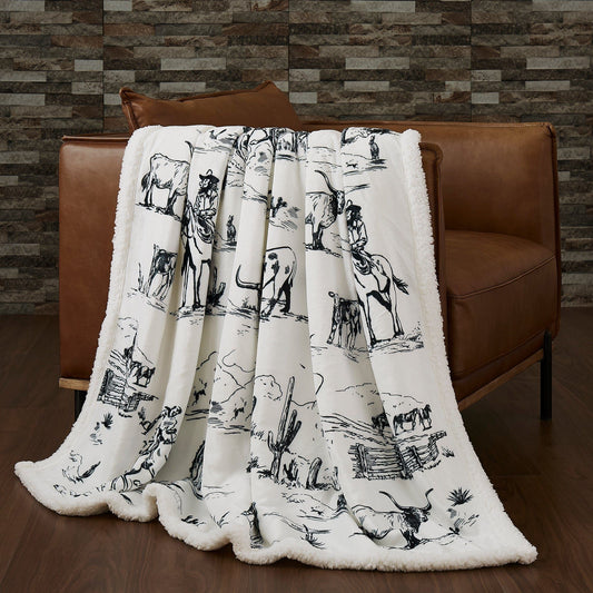 Campfire - Ranch Life Western Toile Campfire Sherpa Throw - Black / White