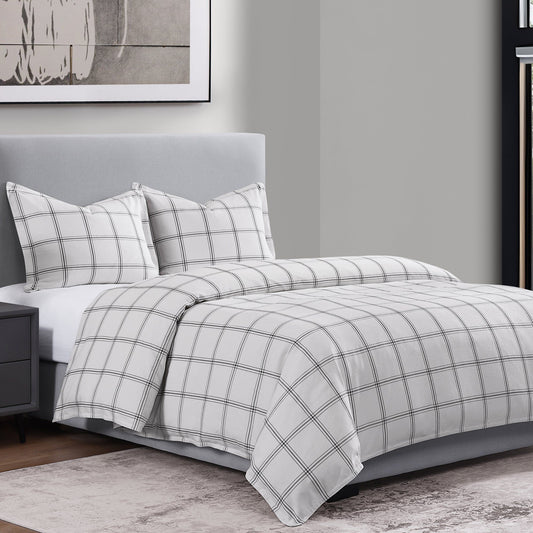 Windowpane - Queen Plaid Duvet Cover Set (Set of 3) - White