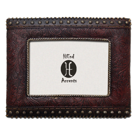 Picture Frame - 4" x 6" Tooled Leather & Studded Sides Picture Frame - Dark Brown