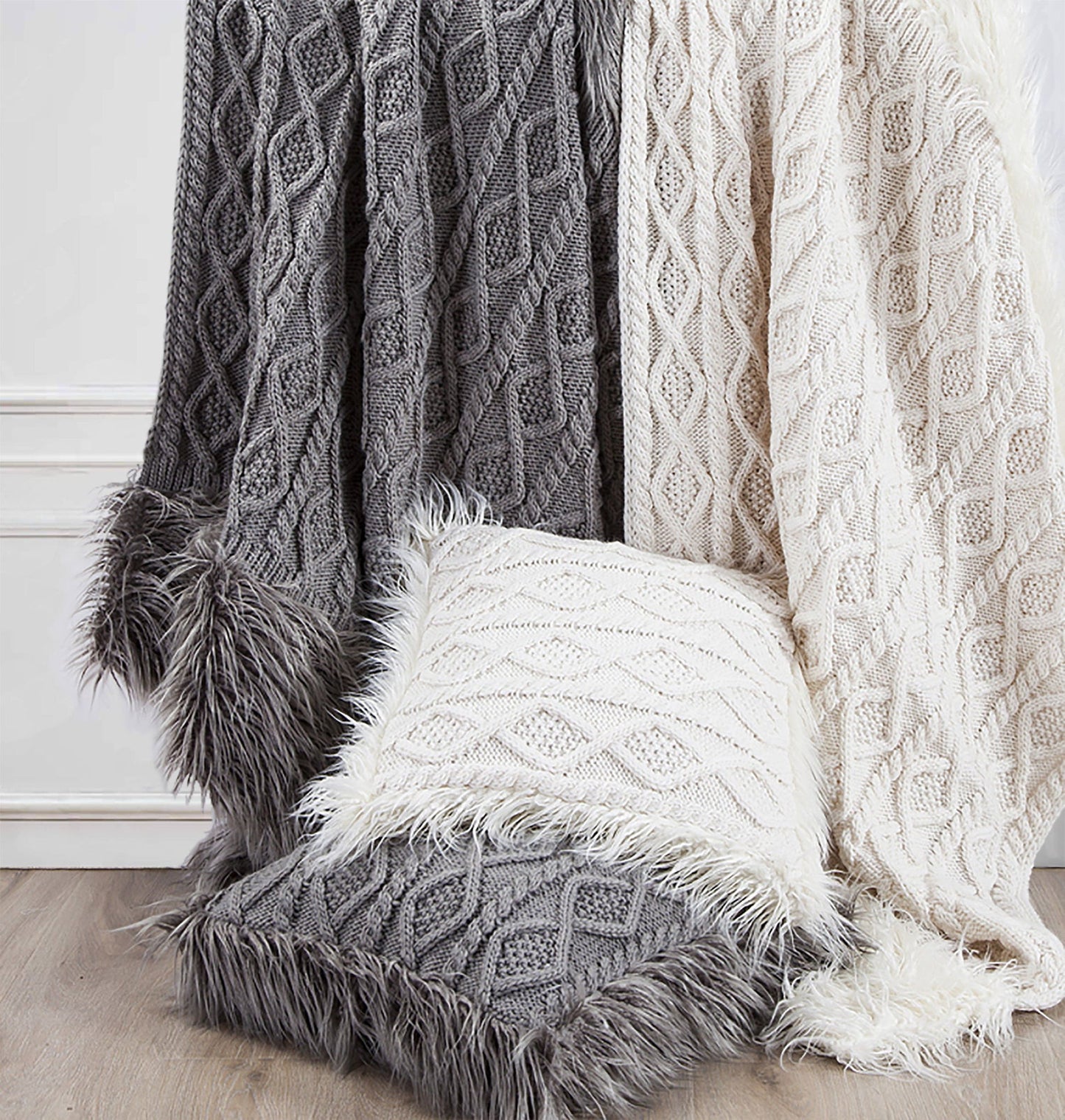 Nordic - Cable Knit & Mongolian Fur Oversized Throw Blanket - Gray