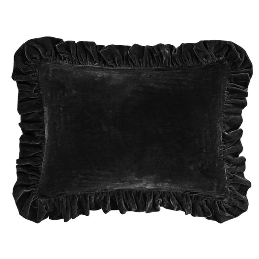 Stella - Faux Silk Velvet Ruffled Dutch Euro Pillow - Black