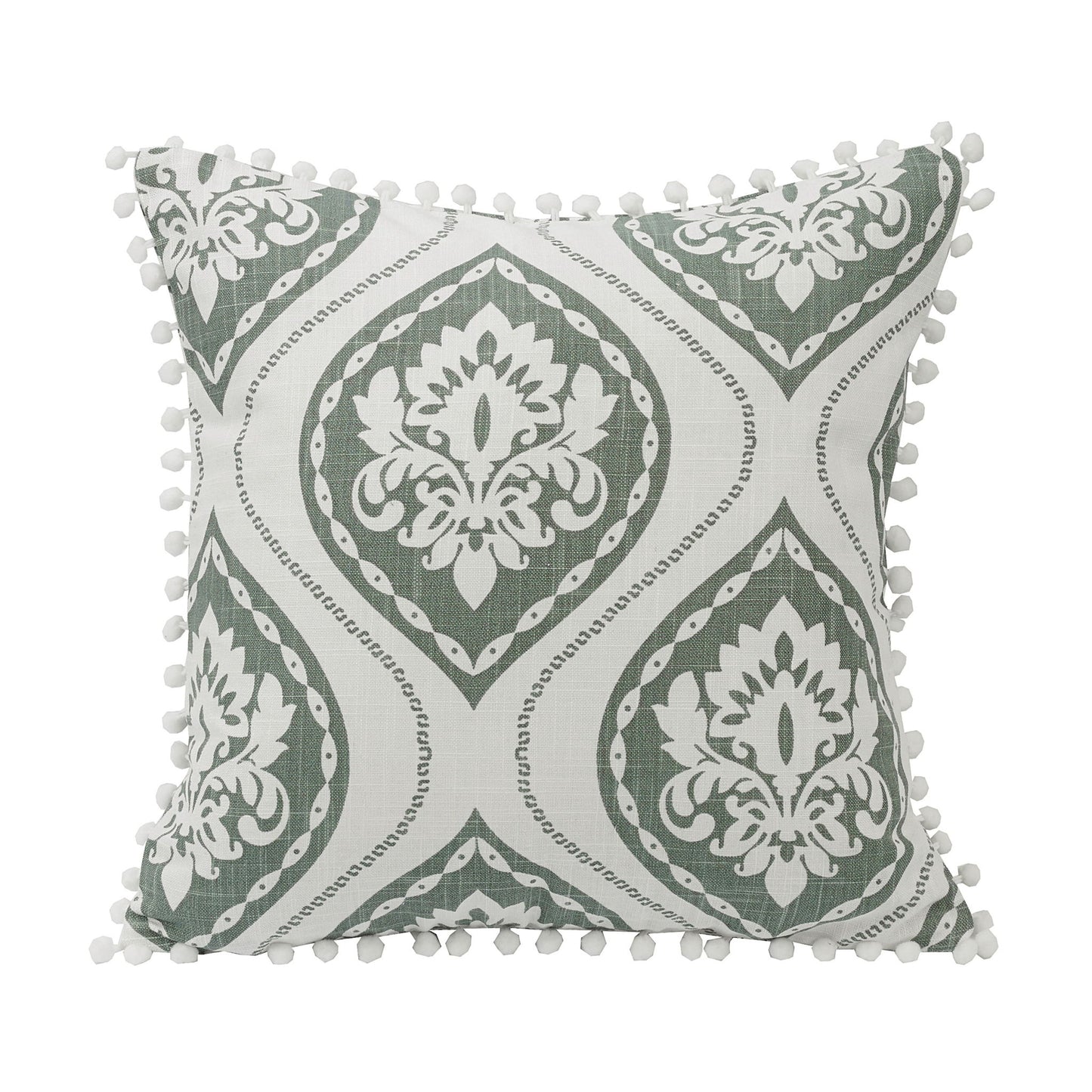 Belmont - Graphic Printed Pom Trimmed Throw Pillow - Green / White