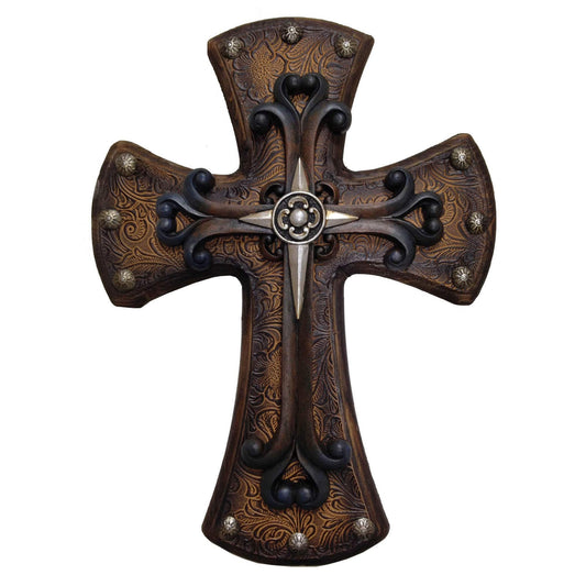 Cross - 15" x 11" Studded Tooled Leather Wooden Cross With Silver Cross Overlay - Brown