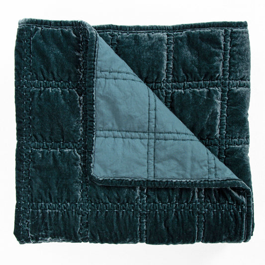 Stella - Faux Silk Velvet Double Box Stitch Throw - Storm Blue