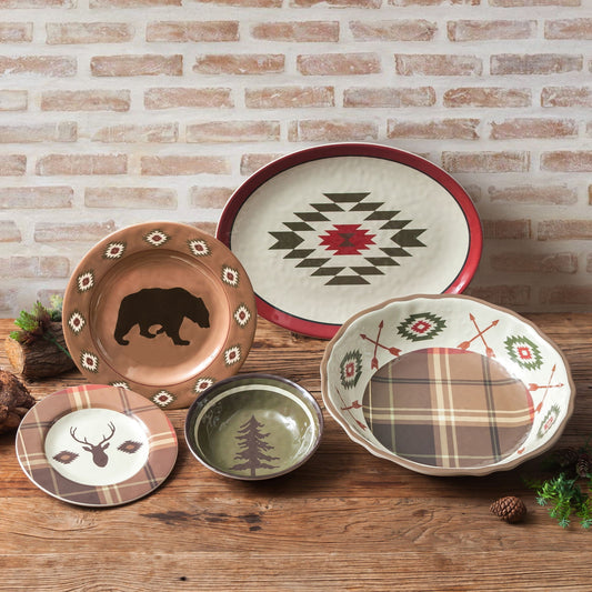 Aztec Bear - Melamine Dinnerware Set (Set of 14) - Brown / Red