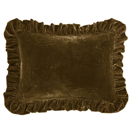 Stella - Faux Silk Velvet Ruffled Dutch Euro Pillow - Green Ochre
