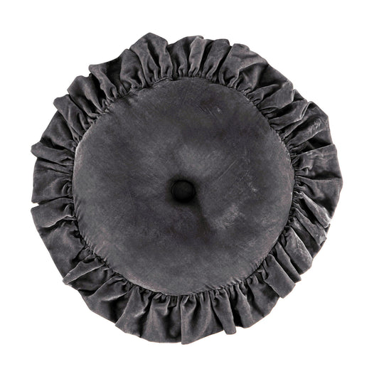 Stella - Faux Silk Velvet Ruffled Round Pillow - Dark Slate