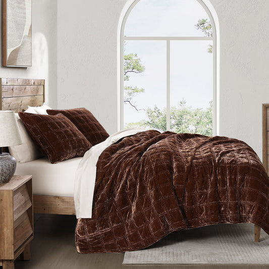 Stella - King Faux Silk Velvet Double Box Stitch Quilt Set (Set of 3) - Copper Brown