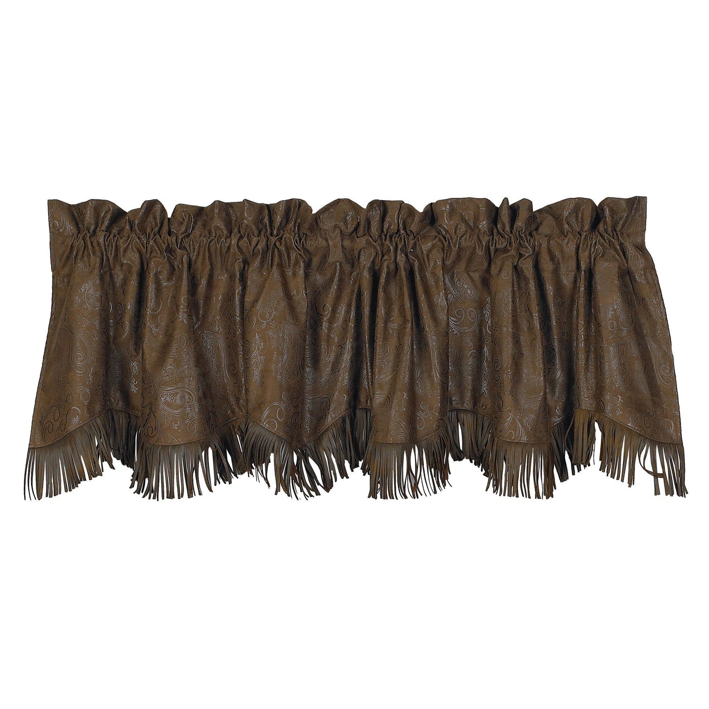 Chocolate Tooled Leather - Fringed Tooled Faux Leather Valance - Chocolate Brown