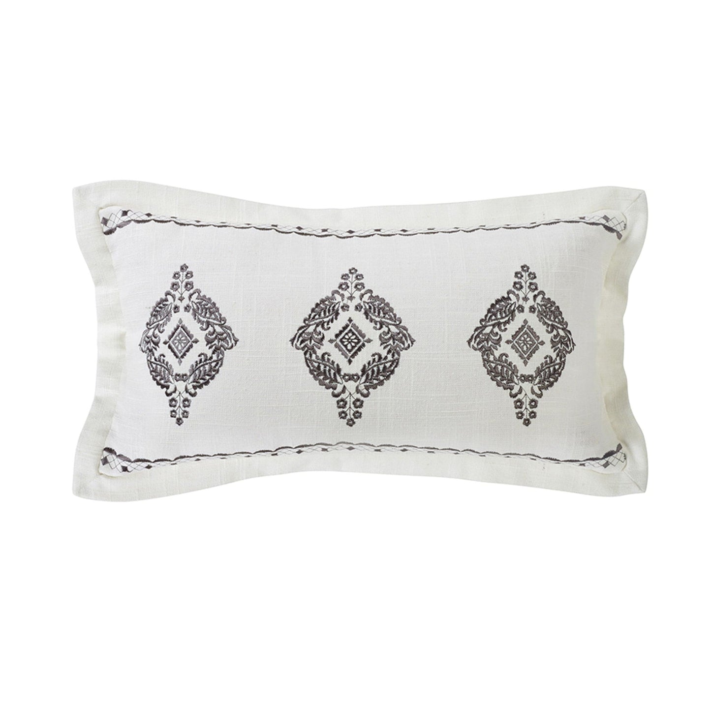 Charlotte - Oblong Gray Flanged & Embroidered Lace Design Pillow - Gray / Cream