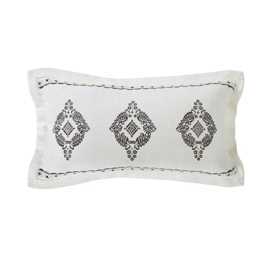 Charlotte - Oblong Gray Flanged & Embroidered Lace Design Pillow - Gray / Cream