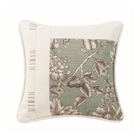 Gramercy - 18" x 18" Floral, Striped & White Linen Textured Square Pillow - Cream / Green