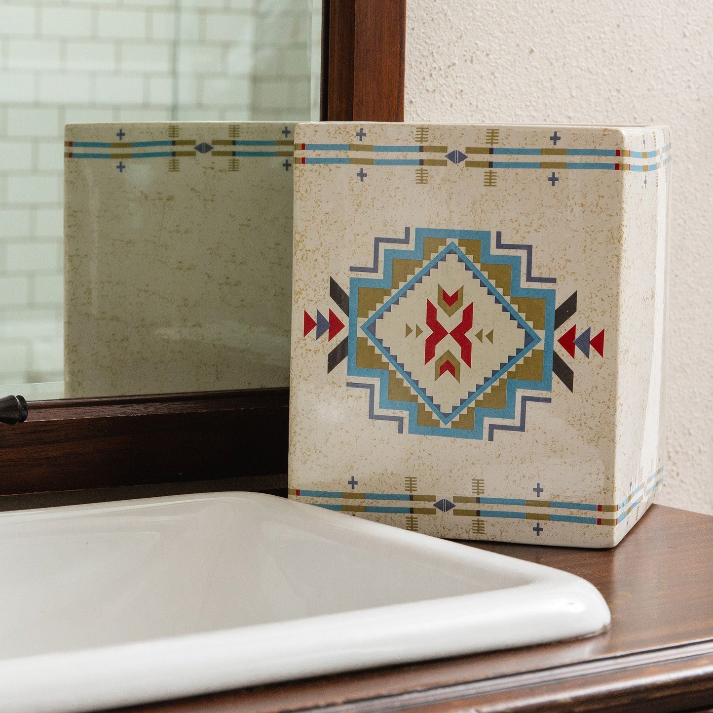 Spirit Valley - Ceramic Wastebasket - Cream / Red / Green