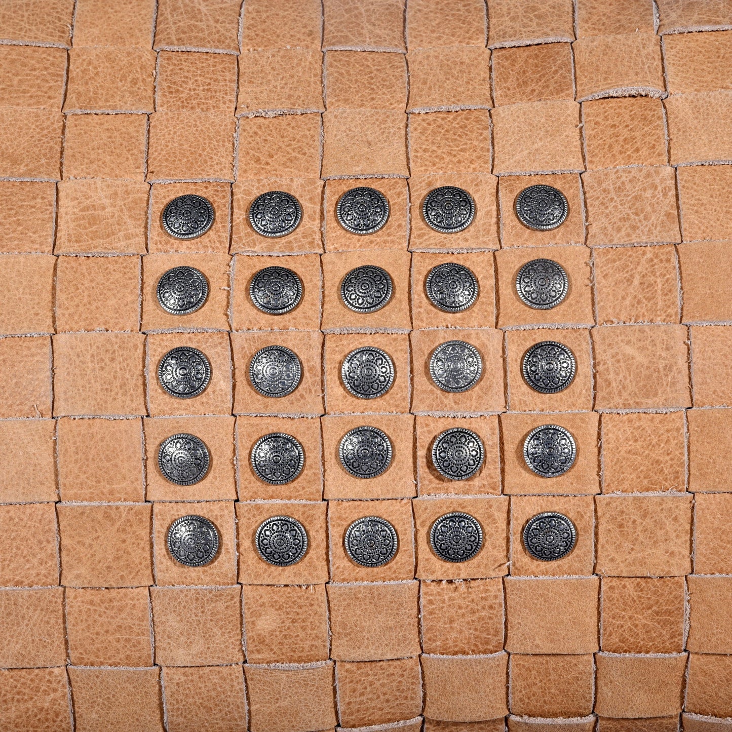 Genuine Leather - Studded Basket Weave Pillow - Tan