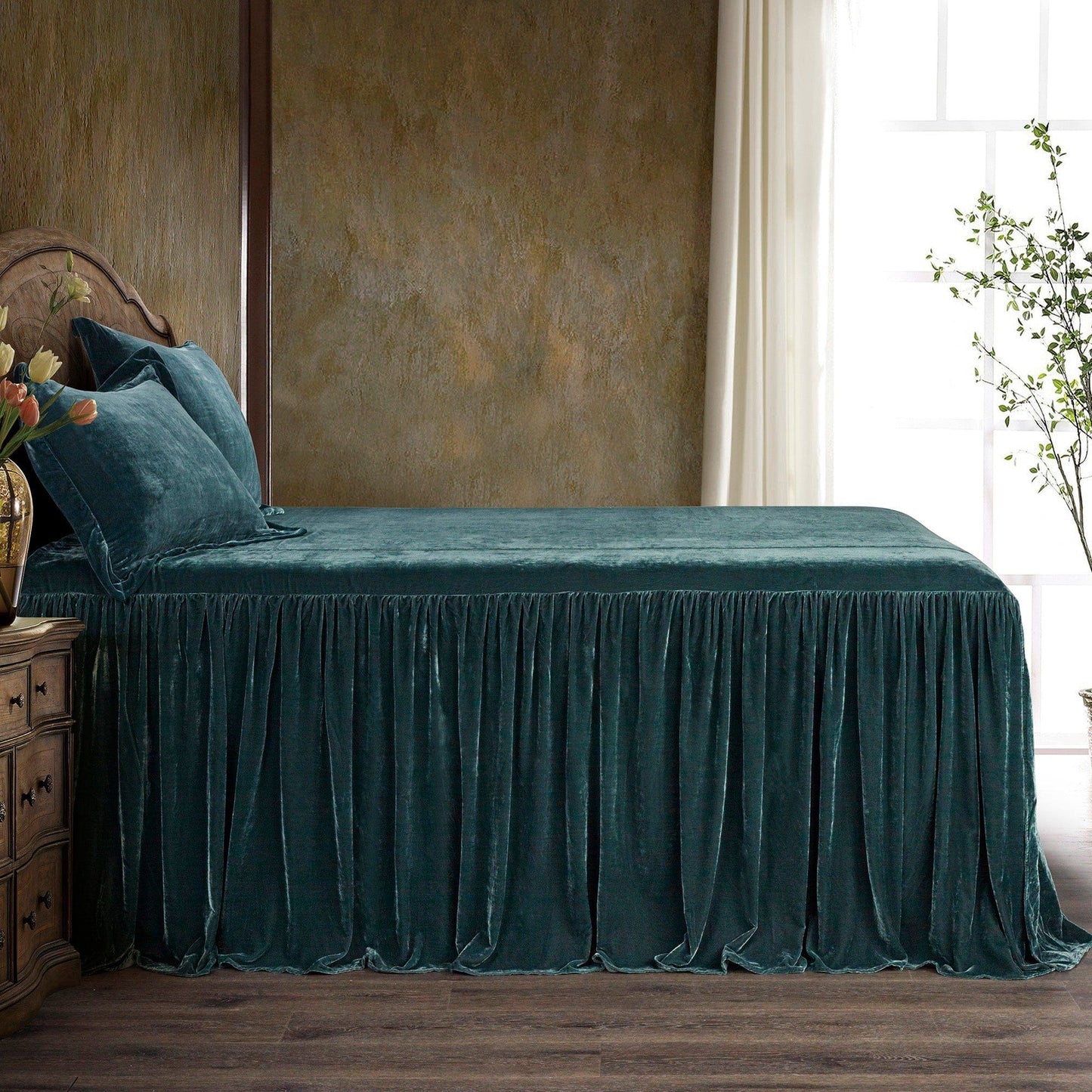 Stella - Queen Faux Silk Velvet Bedspread Set (Set of 3) - Storm Blue
