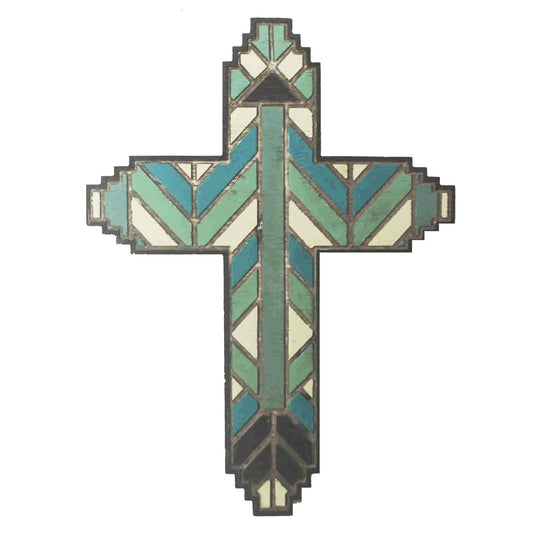 Wall Décor - 19" x 14" Wooden Stained Glass Design Cross Wall Décor - Green / Blue