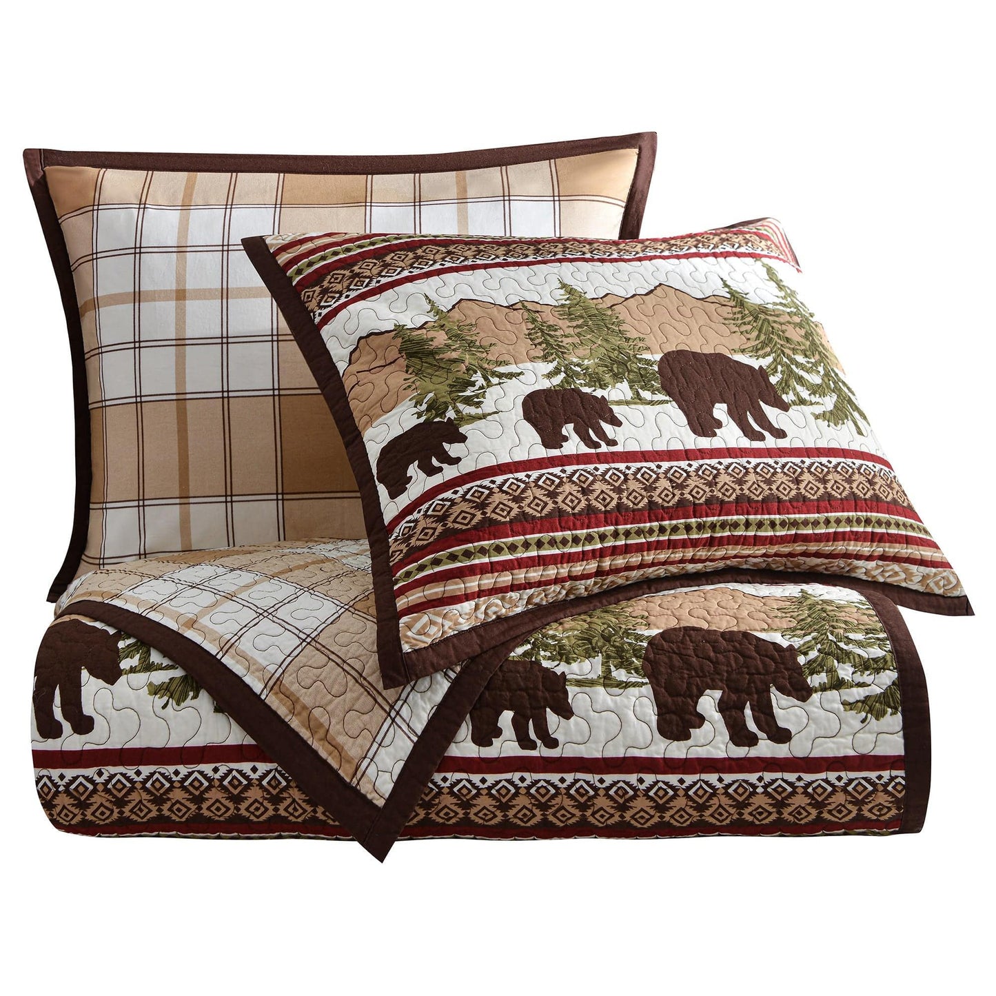 Bear Trail - Full/Queen Reversible Quilt Set (Set of 3) - Red / White / Tan